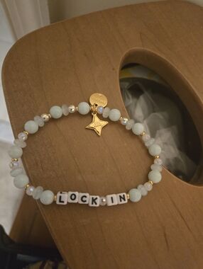 Little Words Project Gold Star Charm 'LOCK-IN' Beaded Bracelet in Pale Aqua